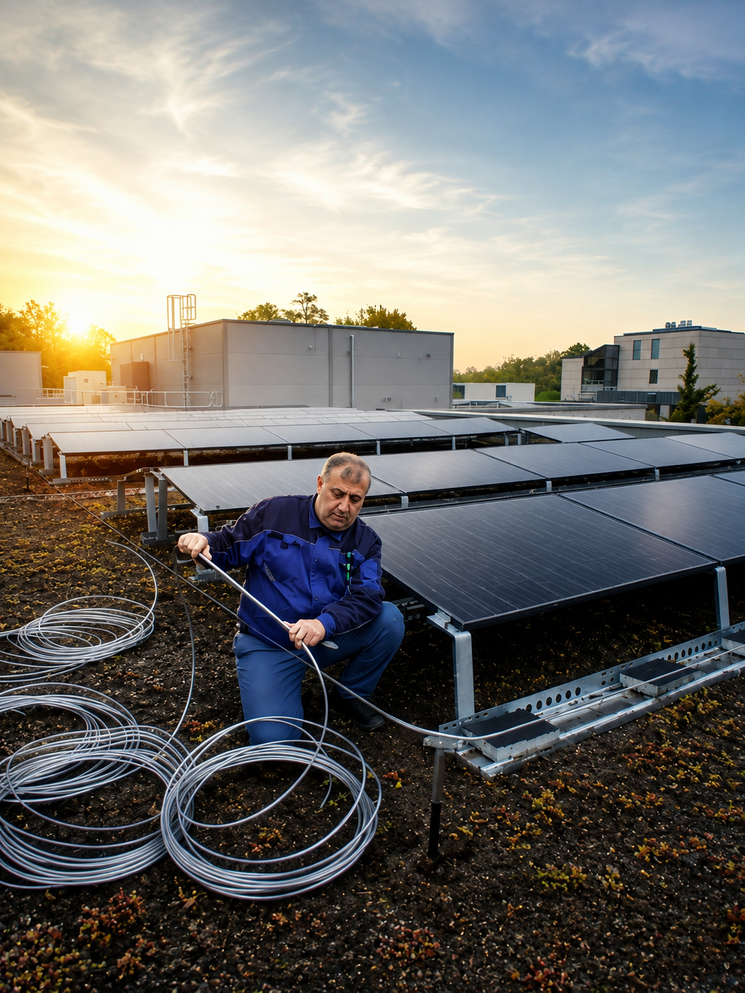 Elektromeister bei der Montage einer Photovoltaikanlage auf einem Flachdach im Abendlicht